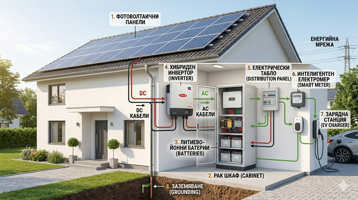 Схема на фотоволтаична система — панели, инвертор, батерии, табло, smart meter, зарядна станция